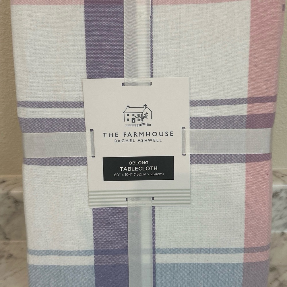 Farmhouse Rachel Ashwell Tablecloth Plaid Pastel Spring colors New 60”x 104”